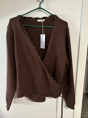 Neuflora Kirkley Scallop-Trim Wrap Sweater Cardigan - Brown